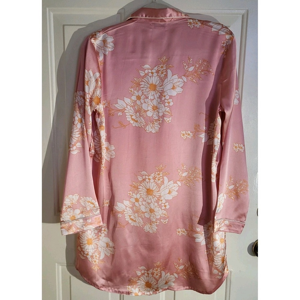 Cynthia Rowley Sleepwear M Pink Floral Satin Button Front Silky Lingerie Shirt - Picture 2 of 8